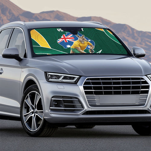 Personalized Kookaburras Field Hockey Kangaroo Auto Sun Shade Australian Flag Map With Abstract Green And Gold Wave Pattern