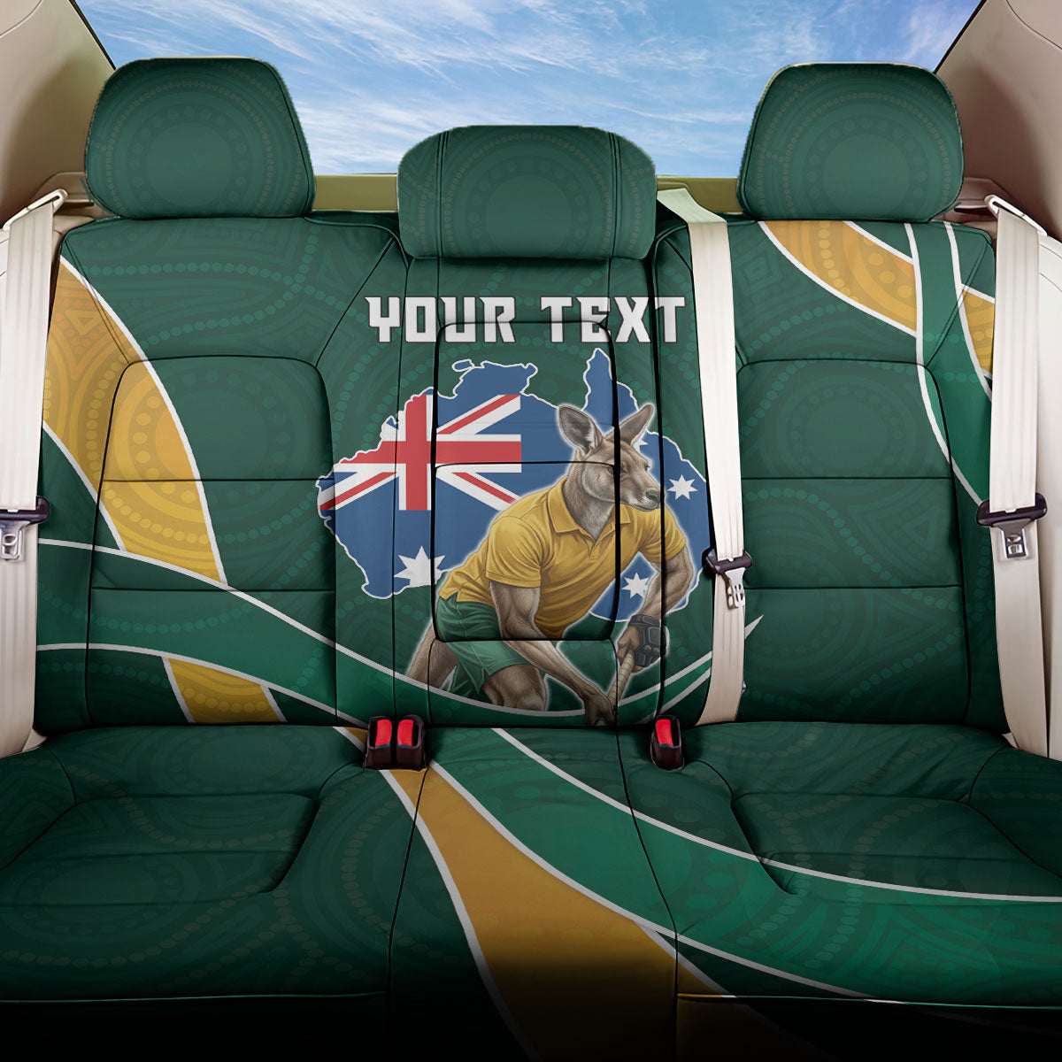 Personalized Kookaburras Field Hockey Kangaroo Back Car Seat Cover Australian Flag Map With Abstract Green And Gold Wave Pattern