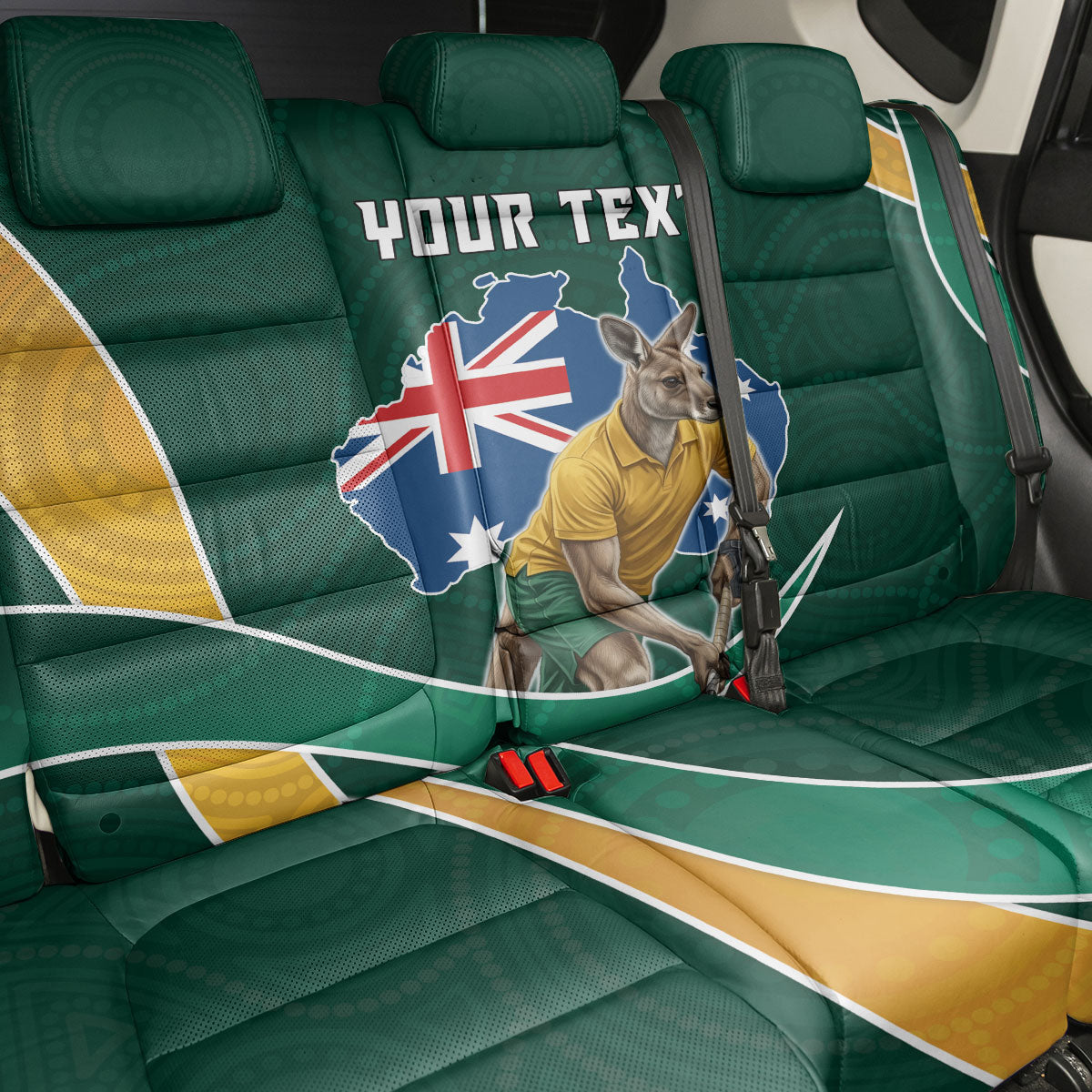 Personalized Kookaburras Field Hockey Kangaroo Back Car Seat Cover Australian Flag Map With Abstract Green And Gold Wave Pattern