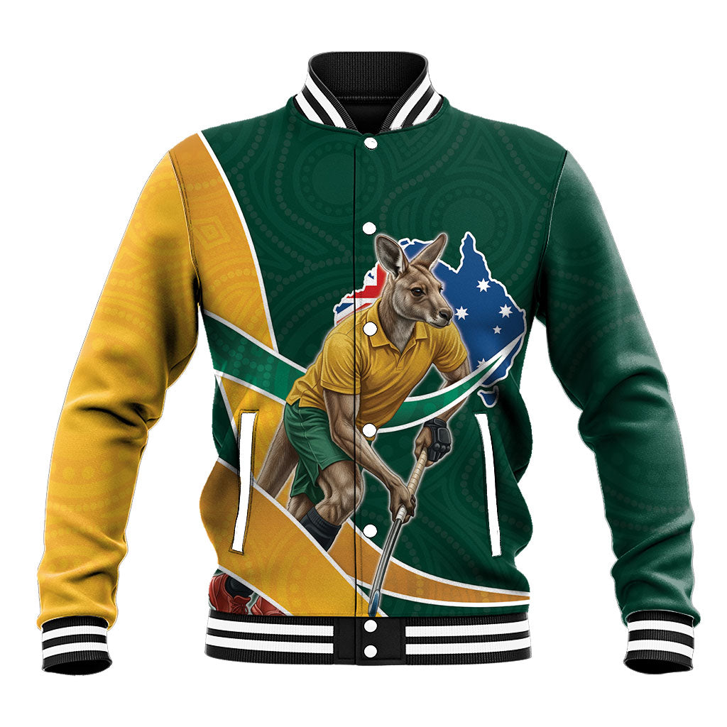 Personalized Kookaburras Field Hockey Kangaroo Baseball Jacket Australian Flag Map With Abstract Green And Gold Wave Pattern