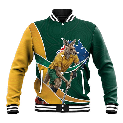 Personalized Kookaburras Field Hockey Kangaroo Baseball Jacket Australian Flag Map With Abstract Green And Gold Wave Pattern
