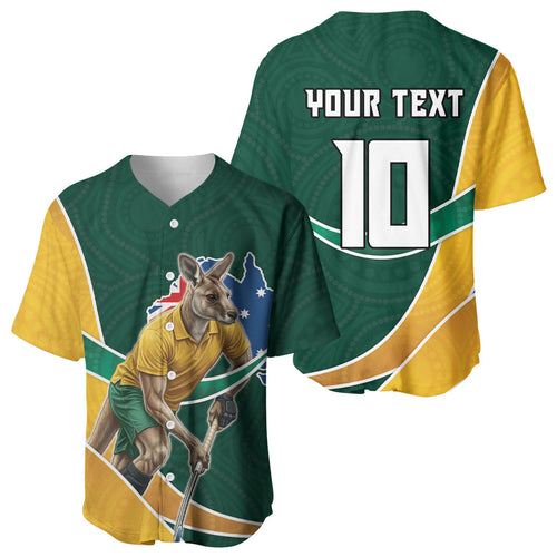 Personalized Kookaburras Field Hockey Kangaroo Baseball Jersey Australian Flag Map With Abstract Green And Gold Wave Pattern
