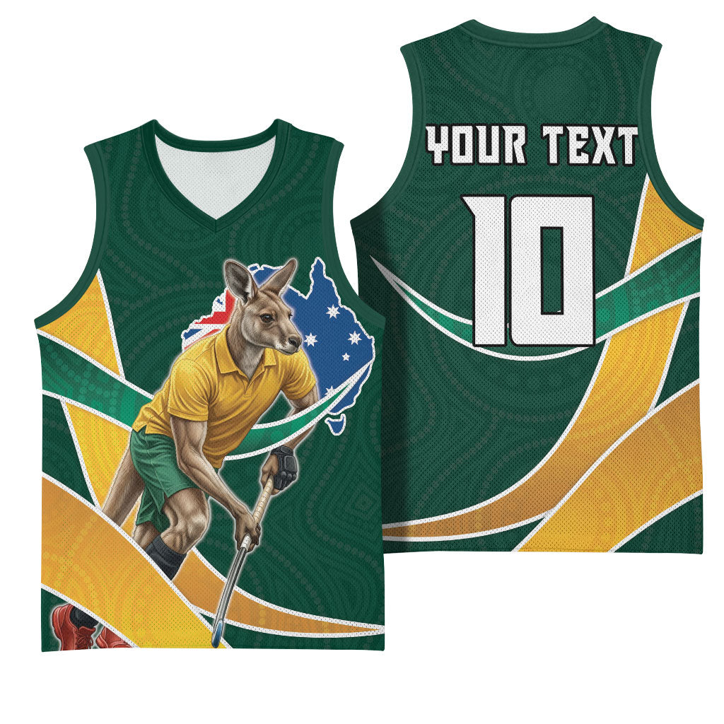 Personalized Kookaburras Field Hockey Kangaroo Basketball Jersey Australian Flag Map With Abstract Green And Gold Wave Pattern