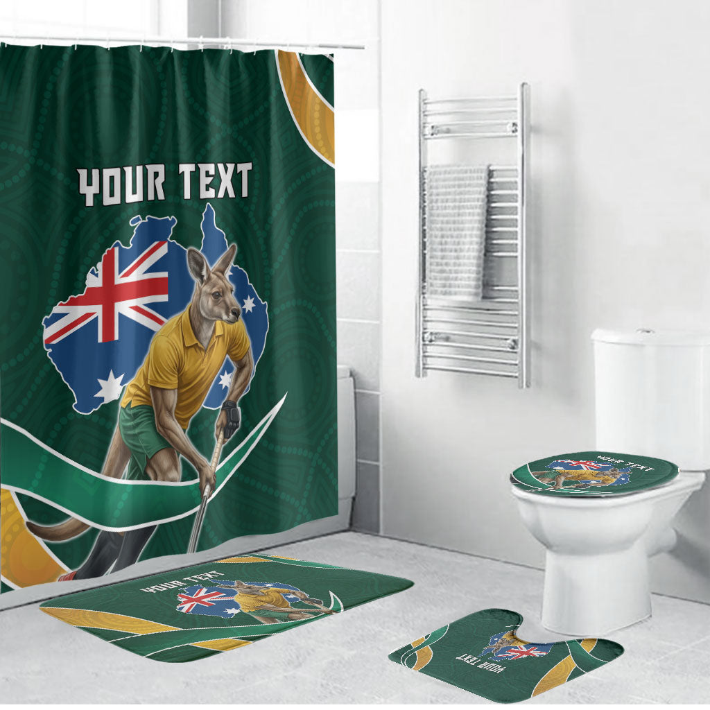 Personalized Kookaburras Field Hockey Kangaroo Bathroom Set Australian Flag Map With Abstract Green And Gold Wave Pattern