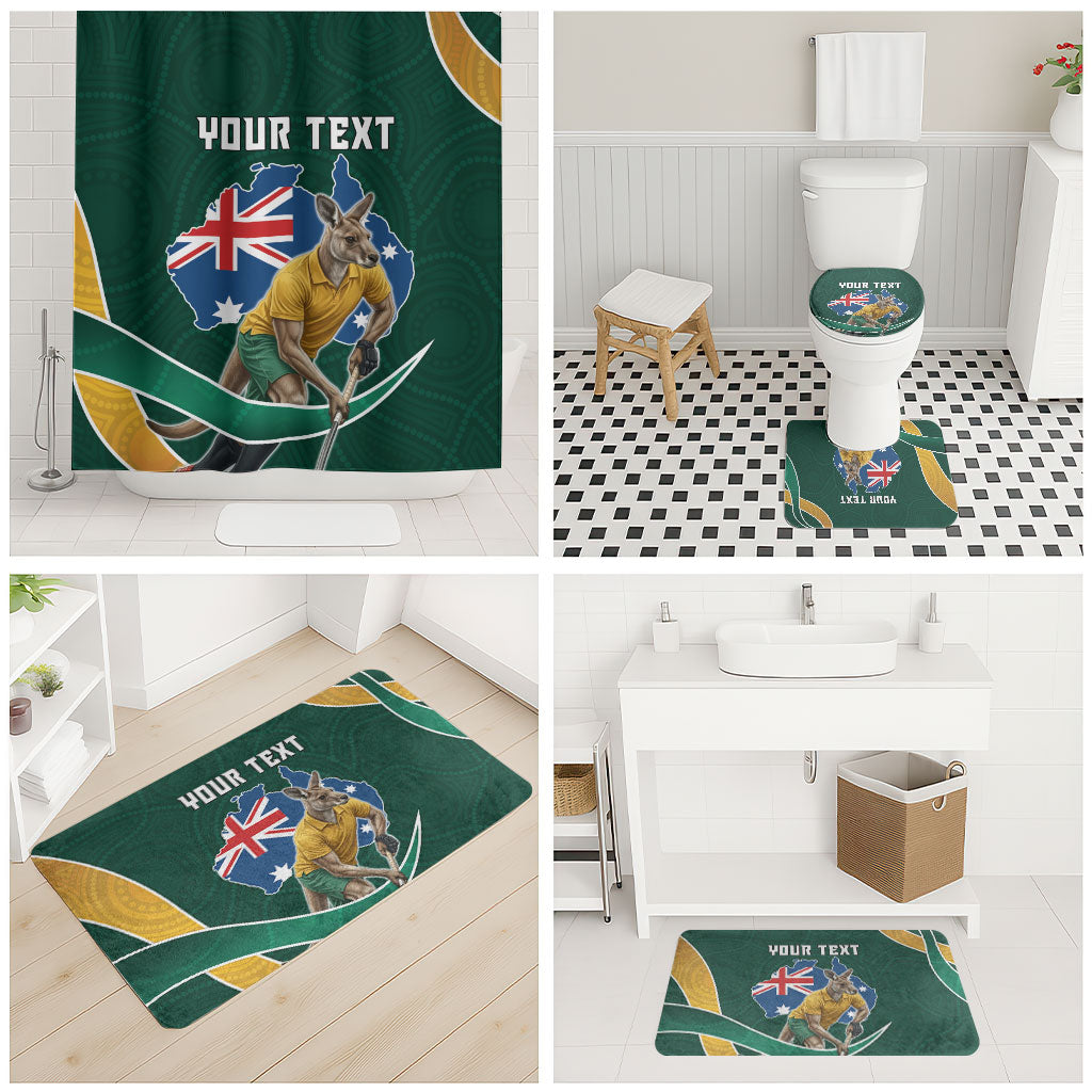 Personalized Kookaburras Field Hockey Kangaroo Bathroom Set Australian Flag Map With Abstract Green And Gold Wave Pattern