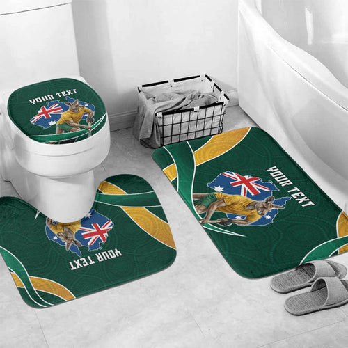 Personalized Kookaburras Field Hockey Kangaroo Bathroom Set Australian Flag Map With Abstract Green And Gold Wave Pattern