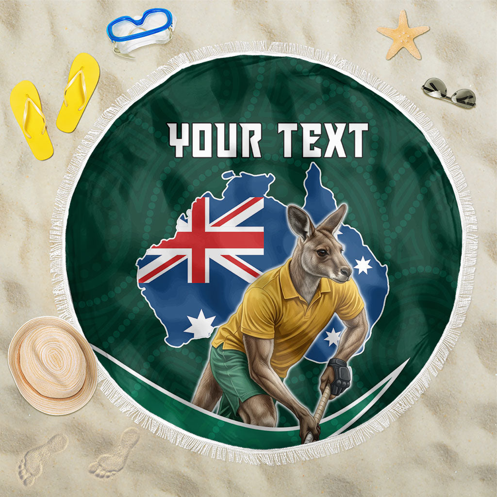 Personalized Kookaburras Field Hockey Kangaroo Beach Blanket Australian Flag Map With Abstract Green And Gold Wave Pattern