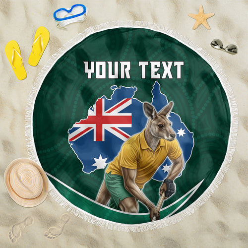 Personalized Kookaburras Field Hockey Kangaroo Beach Blanket Australian Flag Map With Abstract Green And Gold Wave Pattern