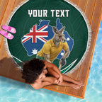 Personalized Kookaburras Field Hockey Kangaroo Beach Blanket Australian Flag Map With Abstract Green And Gold Wave Pattern