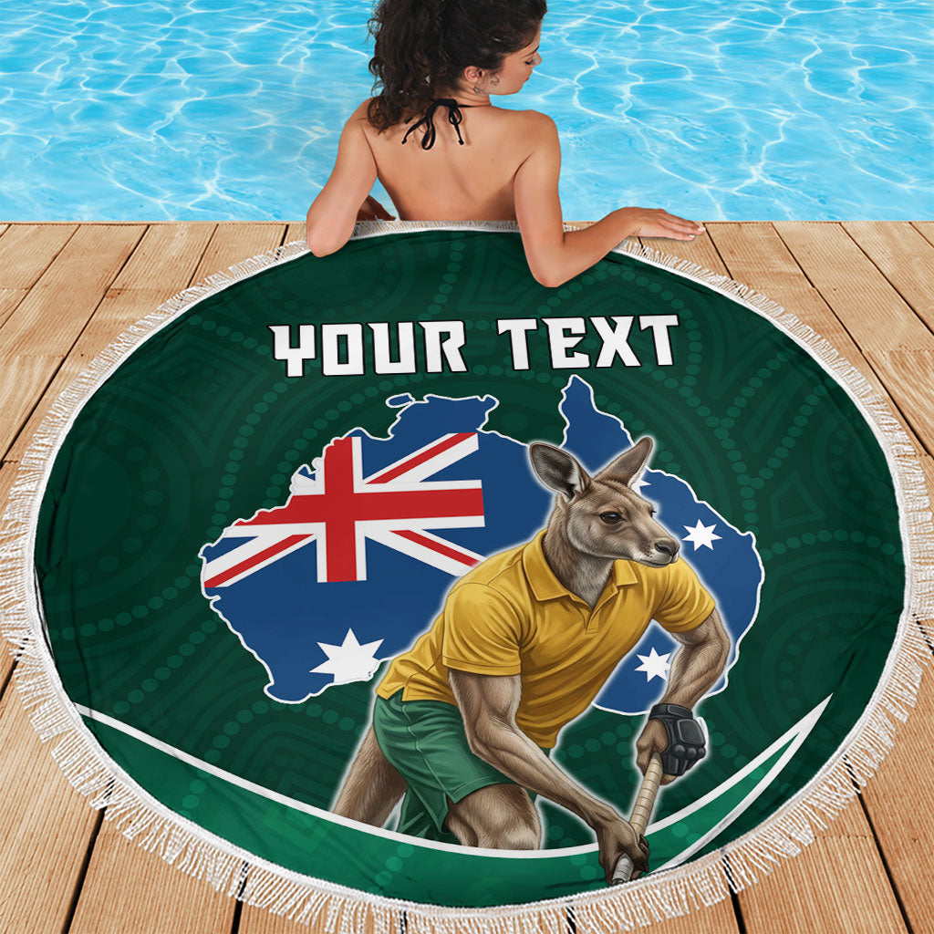 Personalized Kookaburras Field Hockey Kangaroo Beach Blanket Australian Flag Map With Abstract Green And Gold Wave Pattern