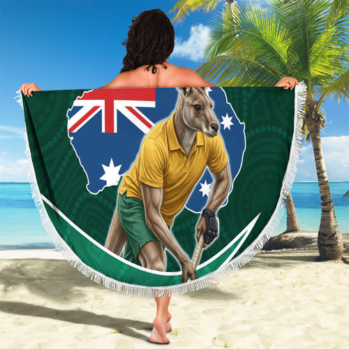 Personalized Kookaburras Field Hockey Kangaroo Beach Blanket Australian Flag Map With Abstract Green And Gold Wave Pattern