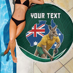 Personalized Kookaburras Field Hockey Kangaroo Beach Blanket Australian Flag Map With Abstract Green And Gold Wave Pattern