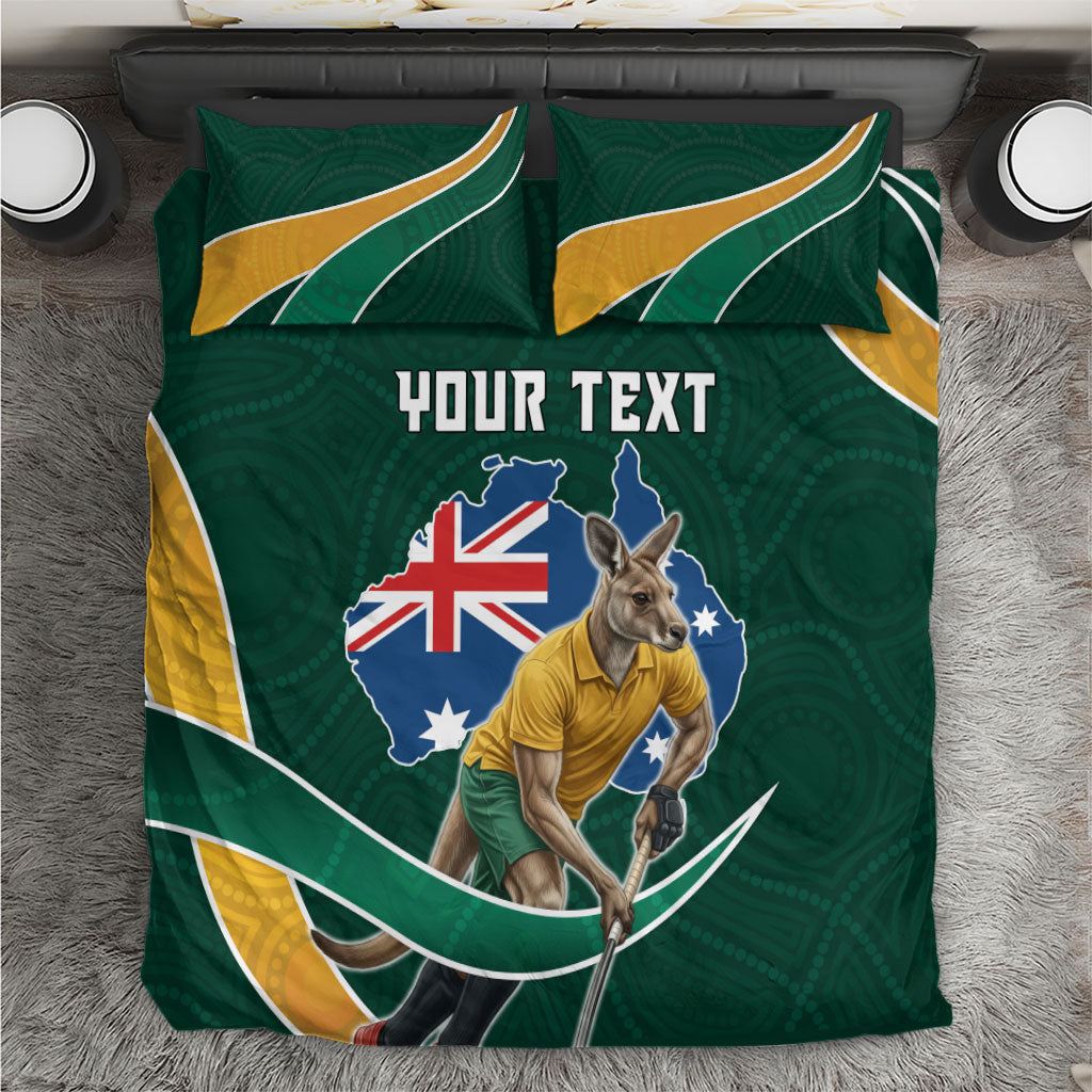 Personalized Kookaburras Field Hockey Kangaroo Bedding Set Australian Flag Map With Abstract Green And Gold Wave Pattern
