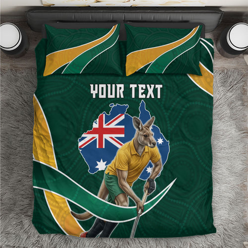 Personalized Kookaburras Field Hockey Kangaroo Bedding Set Australian Flag Map With Abstract Green And Gold Wave Pattern
