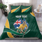 Personalized Kookaburras Field Hockey Kangaroo Bedding Set Australian Flag Map With Abstract Green And Gold Wave Pattern