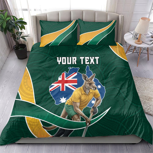 Personalized Kookaburras Field Hockey Kangaroo Bedding Set Australian Flag Map With Abstract Green And Gold Wave Pattern