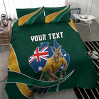 Personalized Kookaburras Field Hockey Kangaroo Bedding Set Australian Flag Map With Abstract Green And Gold Wave Pattern