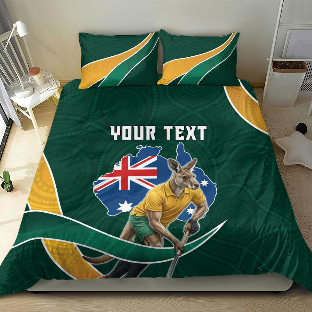 Personalized Kookaburras Field Hockey Kangaroo Bedding Set Australian Flag Map With Abstract Green And Gold Wave Pattern