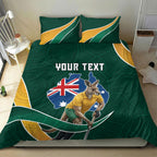 Personalized Kookaburras Field Hockey Kangaroo Bedding Set Australian Flag Map With Abstract Green And Gold Wave Pattern
