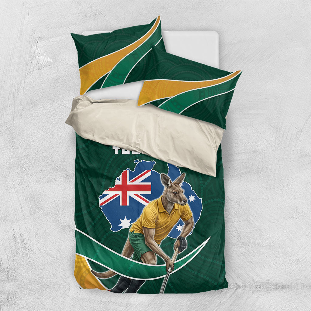 Personalized Kookaburras Field Hockey Kangaroo Bedding Set Australian Flag Map With Abstract Green And Gold Wave Pattern