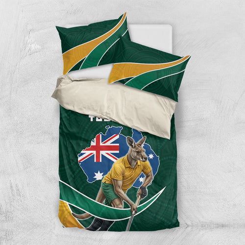 Personalized Kookaburras Field Hockey Kangaroo Bedding Set Australian Flag Map With Abstract Green And Gold Wave Pattern
