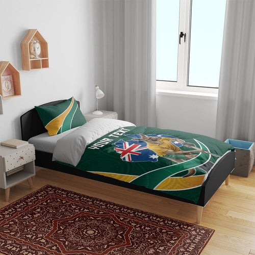 Personalized Kookaburras Field Hockey Kangaroo Bedding Set Australian Flag Map With Abstract Green And Gold Wave Pattern