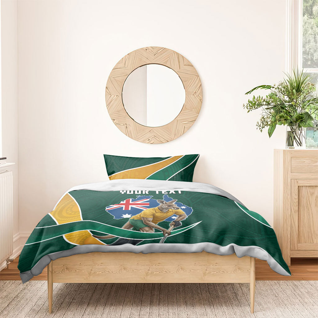 Personalized Kookaburras Field Hockey Kangaroo Bedding Set Australian Flag Map With Abstract Green And Gold Wave Pattern