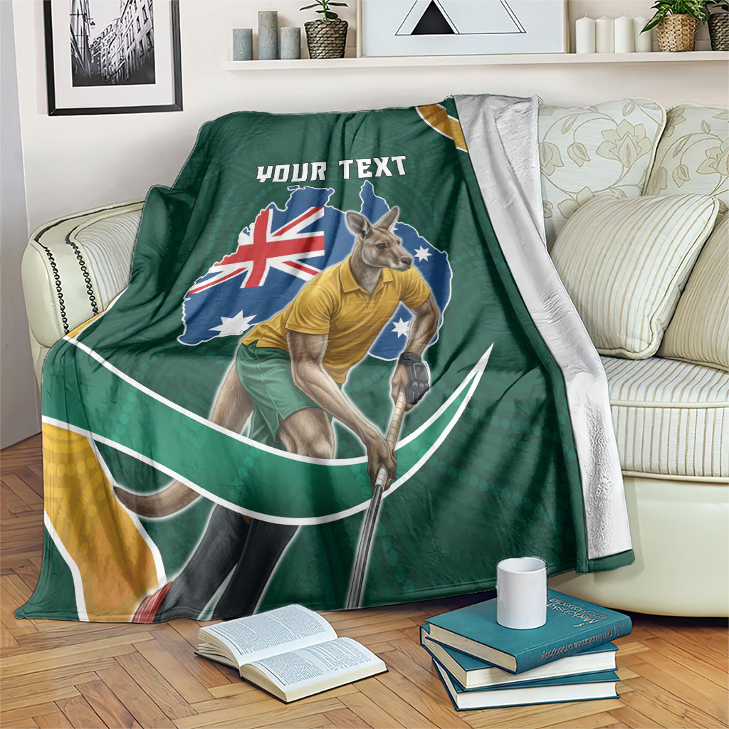 Personalized Kookaburras Field Hockey Kangaroo Blanket Australian Flag Map With Abstract Green And Gold Wave Pattern