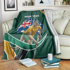 Personalized Kookaburras Field Hockey Kangaroo Blanket Australian Flag Map With Abstract Green And Gold Wave Pattern