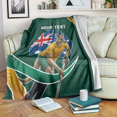 Personalized Kookaburras Field Hockey Kangaroo Blanket Australian Flag Map With Abstract Green And Gold Wave Pattern