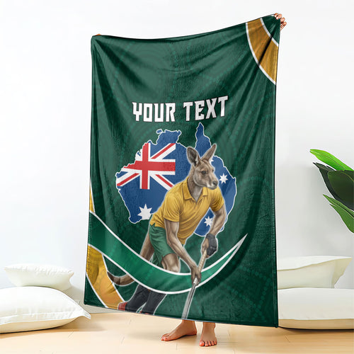 Personalized Kookaburras Field Hockey Kangaroo Blanket Australian Flag Map With Abstract Green And Gold Wave Pattern
