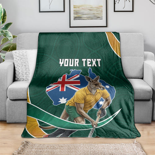 Personalized Kookaburras Field Hockey Kangaroo Blanket Australian Flag Map With Abstract Green And Gold Wave Pattern