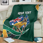 Personalized Kookaburras Field Hockey Kangaroo Blanket Australian Flag Map With Abstract Green And Gold Wave Pattern