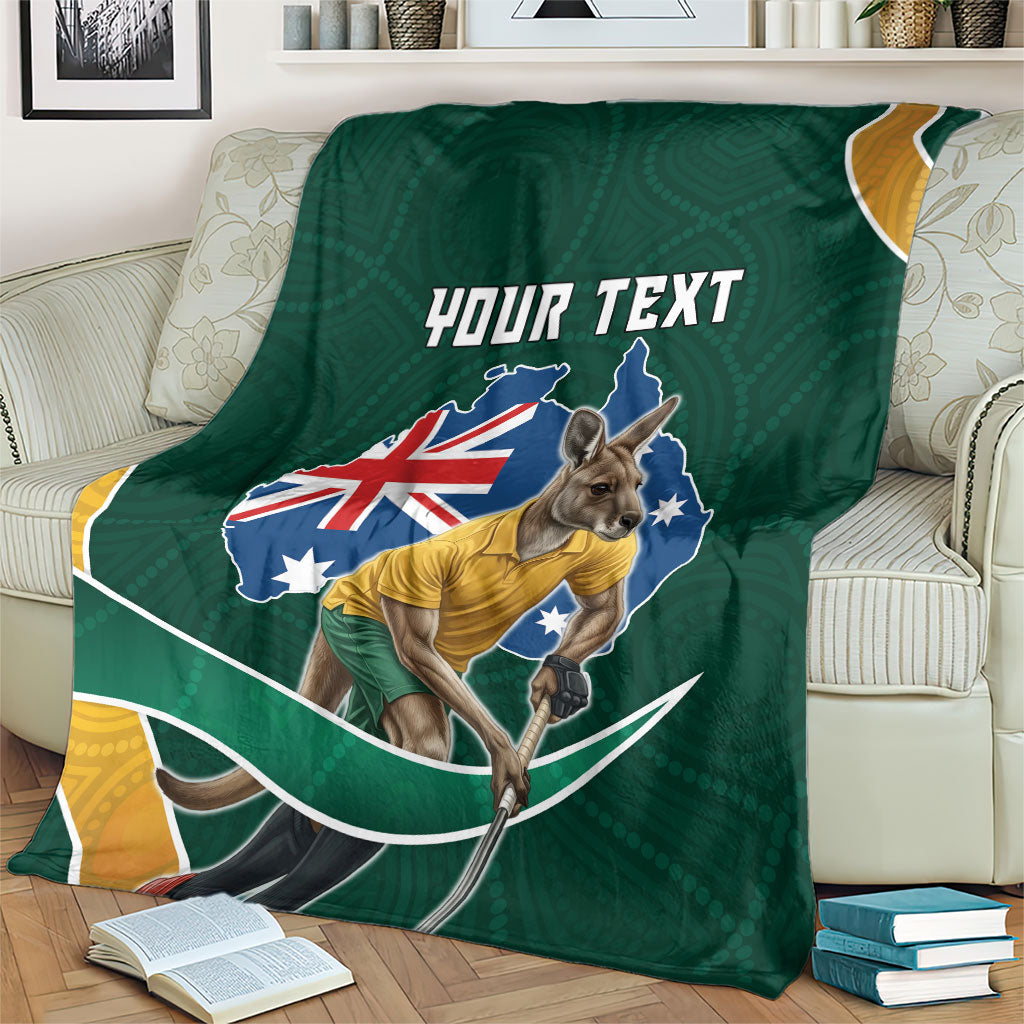 Personalized Kookaburras Field Hockey Kangaroo Blanket Australian Flag Map With Abstract Green And Gold Wave Pattern