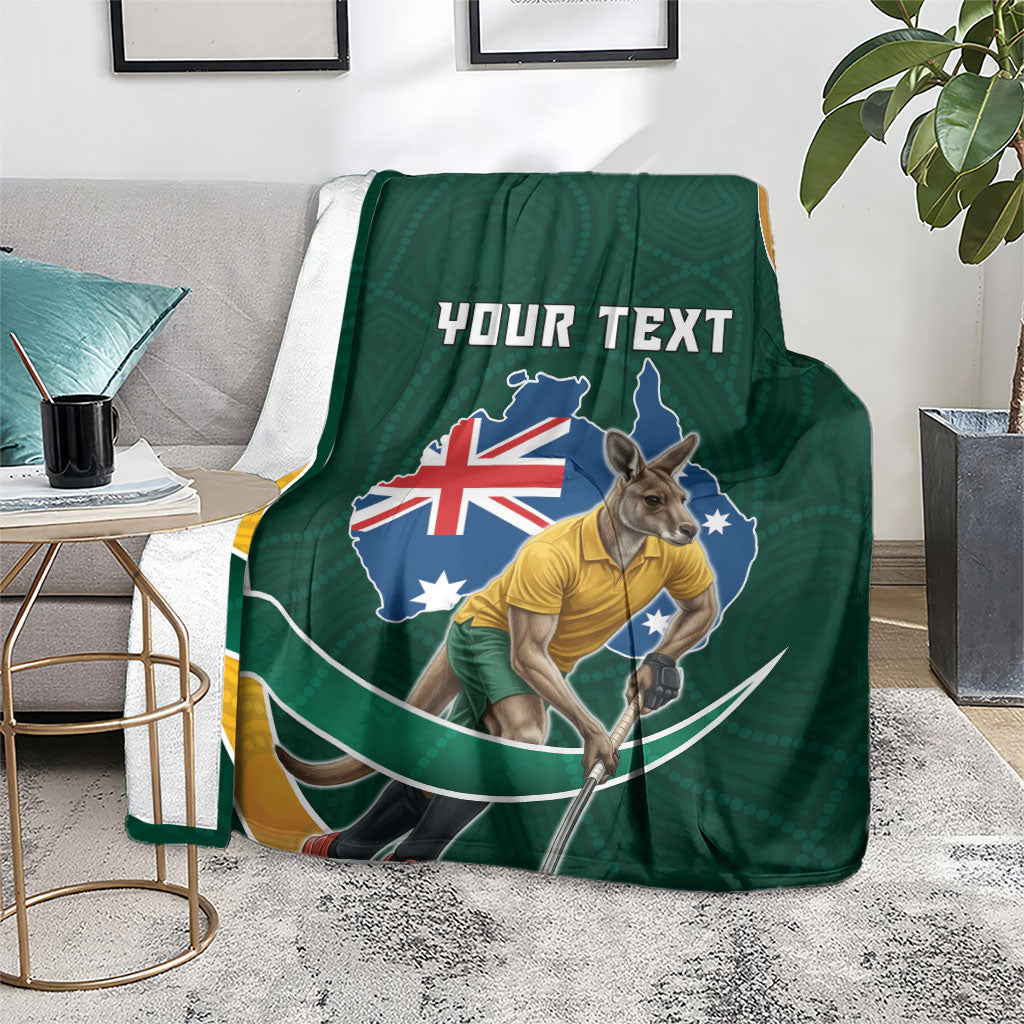 Personalized Kookaburras Field Hockey Kangaroo Blanket Australian Flag Map With Abstract Green And Gold Wave Pattern