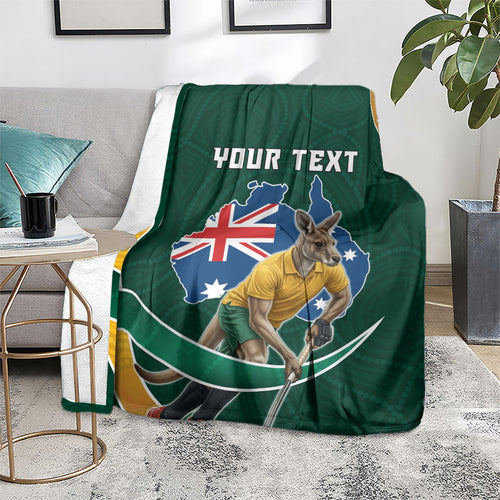 Personalized Kookaburras Field Hockey Kangaroo Blanket Australian Flag Map With Abstract Green And Gold Wave Pattern