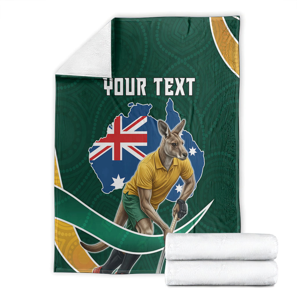 Personalized Kookaburras Field Hockey Kangaroo Blanket Australian Flag Map With Abstract Green And Gold Wave Pattern