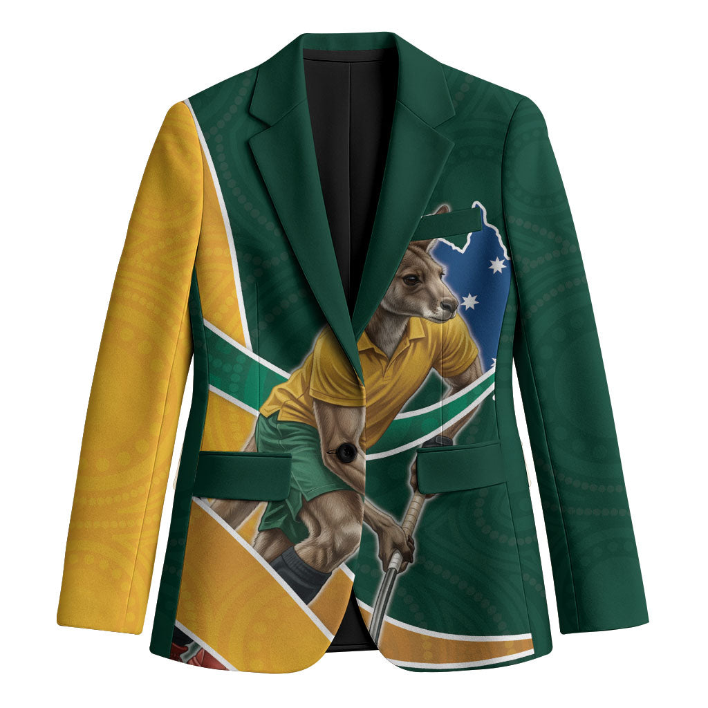 Personalized Kookaburras Field Hockey Kangaroo Blazer Australian Flag Map With Abstract Green And Gold Wave Pattern