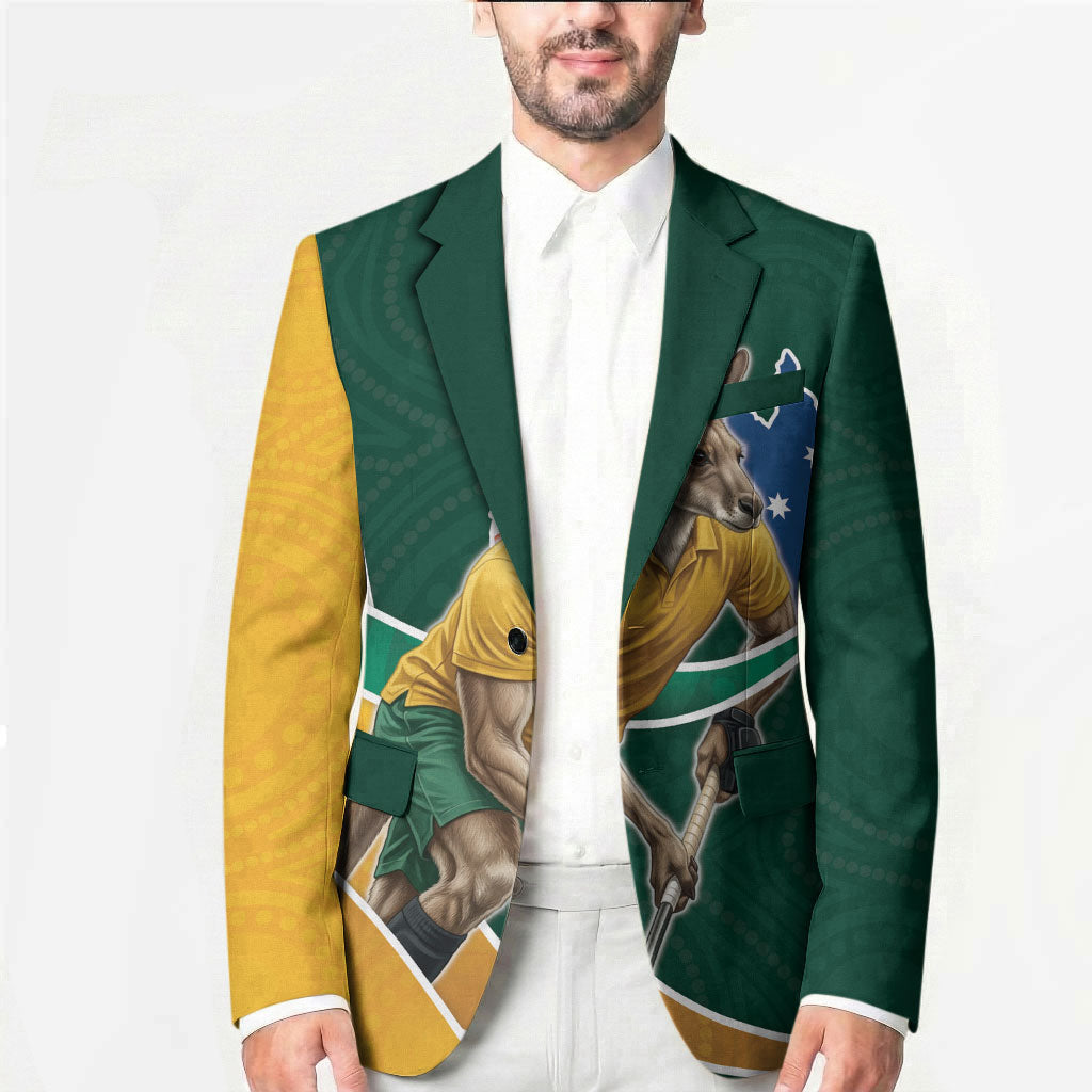 Personalized Kookaburras Field Hockey Kangaroo Blazer Australian Flag Map With Abstract Green And Gold Wave Pattern