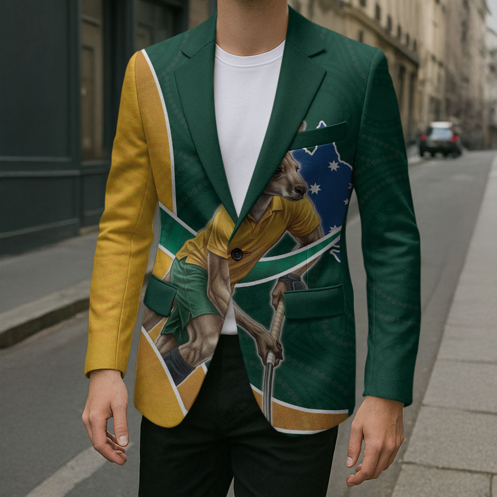 Personalized Kookaburras Field Hockey Kangaroo Blazer Australian Flag Map With Abstract Green And Gold Wave Pattern