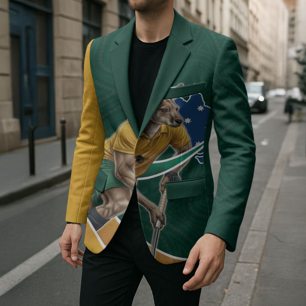 Personalized Kookaburras Field Hockey Kangaroo Blazer Australian Flag Map With Abstract Green And Gold Wave Pattern