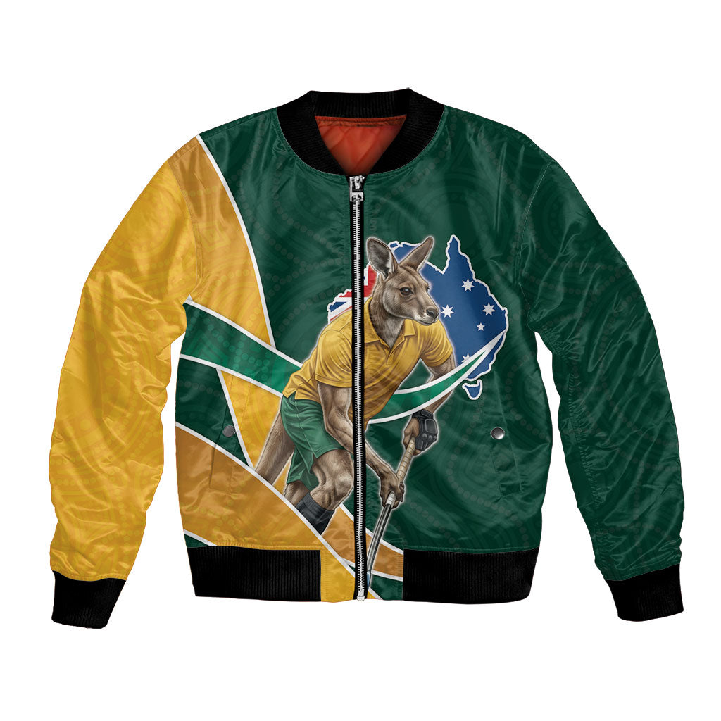 Personalized Kookaburras Field Hockey Kangaroo Bomber Jacket Australian Flag Map With Abstract Green And Gold Wave Pattern