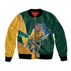 Personalized Kookaburras Field Hockey Kangaroo Bomber Jacket Australian Flag Map With Abstract Green And Gold Wave Pattern