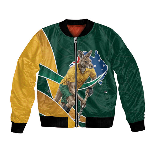 Personalized Kookaburras Field Hockey Kangaroo Bomber Jacket Australian Flag Map With Abstract Green And Gold Wave Pattern