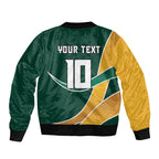 Personalized Kookaburras Field Hockey Kangaroo Bomber Jacket Australian Flag Map With Abstract Green And Gold Wave Pattern