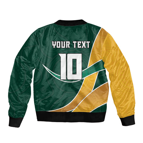 Personalized Kookaburras Field Hockey Kangaroo Bomber Jacket Australian Flag Map With Abstract Green And Gold Wave Pattern