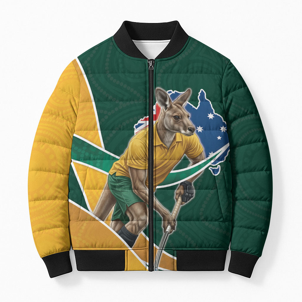 Personalized Kookaburras Field Hockey Kangaroo Bomber Puffer Jacket Australian Flag Map With Abstract Green And Gold Wave Pattern
