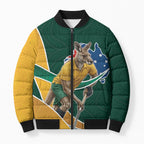 Personalized Kookaburras Field Hockey Kangaroo Bomber Puffer Jacket Australian Flag Map With Abstract Green And Gold Wave Pattern