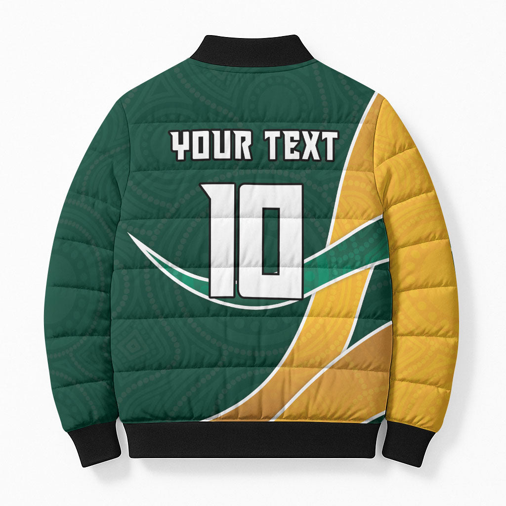 Personalized Kookaburras Field Hockey Kangaroo Bomber Puffer Jacket Australian Flag Map With Abstract Green And Gold Wave Pattern
