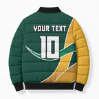Personalized Kookaburras Field Hockey Kangaroo Bomber Puffer Jacket Australian Flag Map With Abstract Green And Gold Wave Pattern